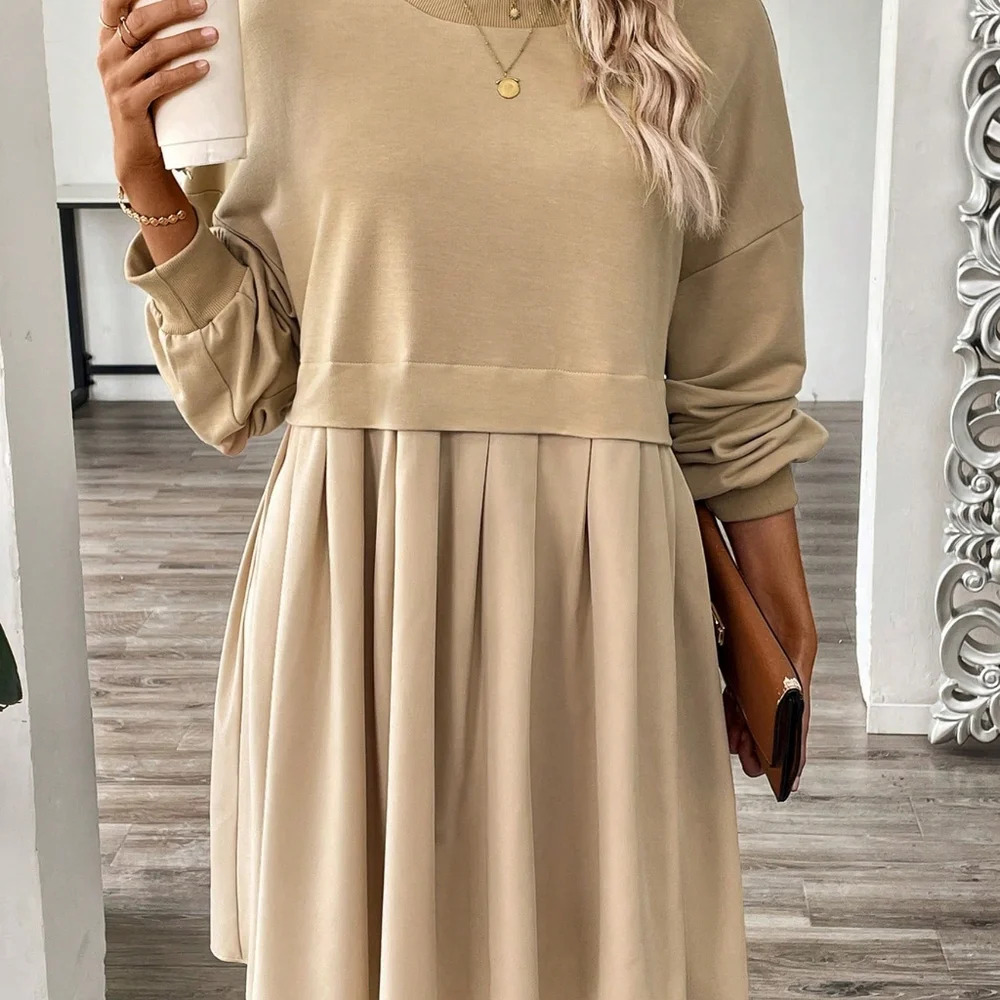 Round Neck Lantern Sleeve Pleated Long Sleeve Sweatshirt Dress - Picture 3 of 5